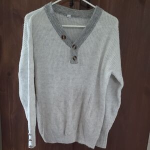 Men's Light Gray V-Neck Button Sweater